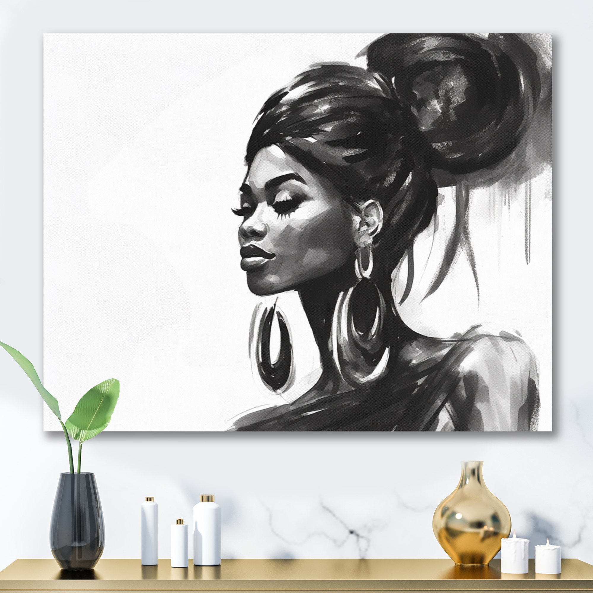 Black and White Portrait of African American Woman IV 32 in x 16 in Painting Canvas Art Print, by Designart