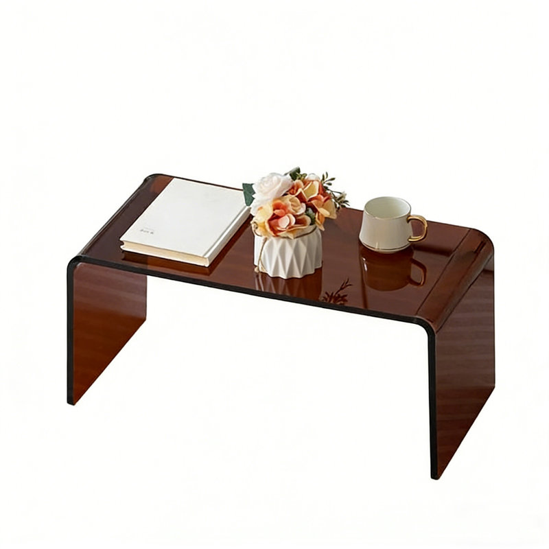 25.59" 4.72" Thick Brown Acrylic C-Shaped Side Table, Modern Waterfall End Table, No Assembly Multipurpose Acrylic Table for Living Room, Bedroom, Bathroom & Office