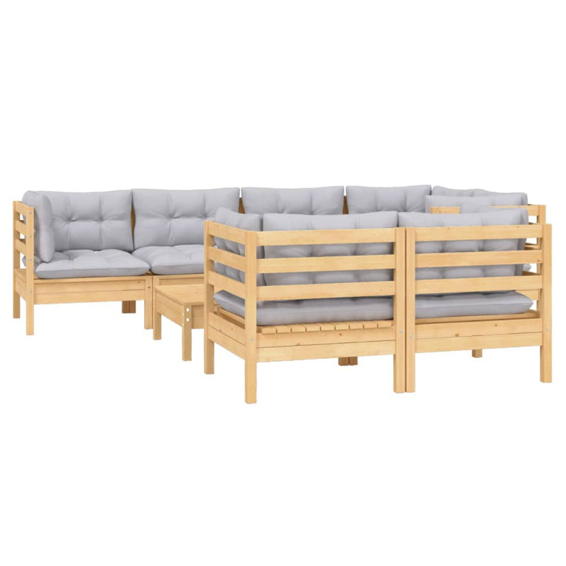 Ensemble de conversation modulaire en pin massif 8 pièces avec coussins Shiebler, Gris, Chêne