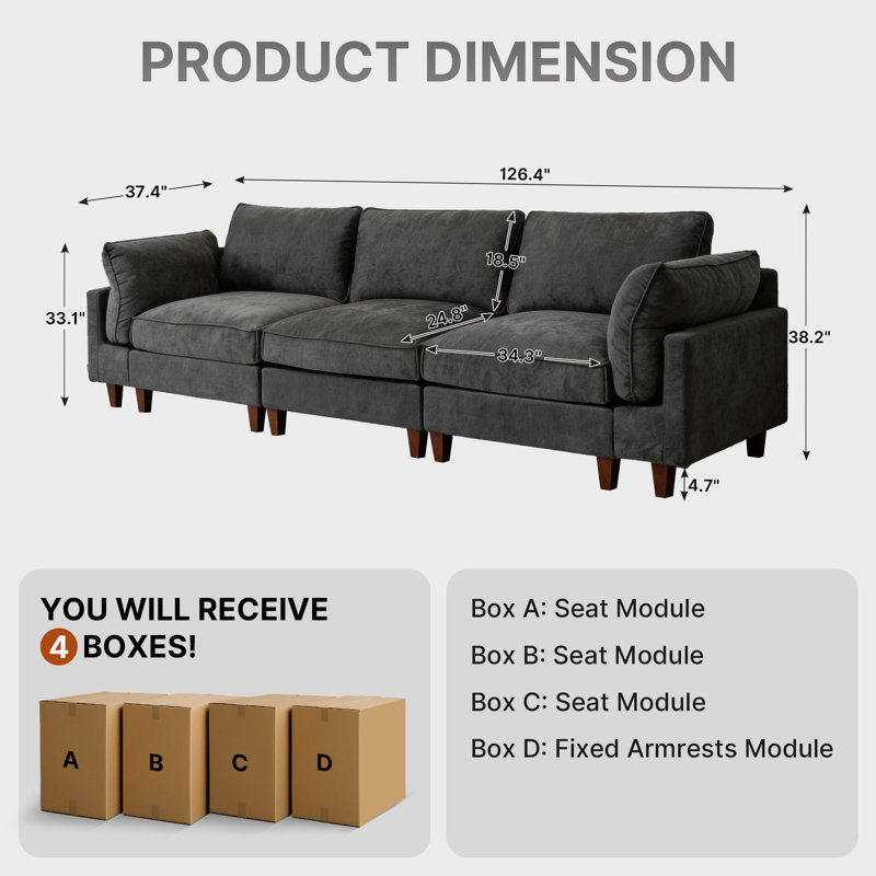 Canapé modulaire en tissu 3 pièces, Tissu gris