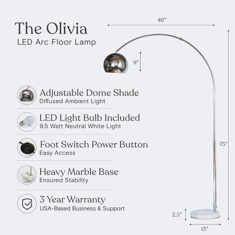 Adjustable Chrome Arc Floor Lamp with Marble Base