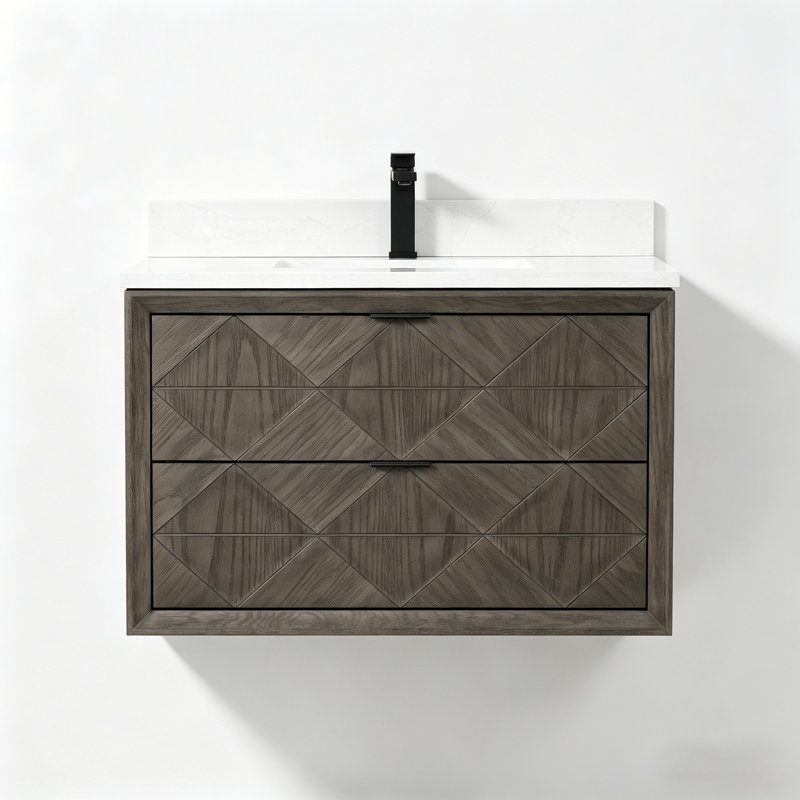36" Transitional Floating Gray Oak Bath Vanity with 1" Engineered Marble Top, Gray Oak