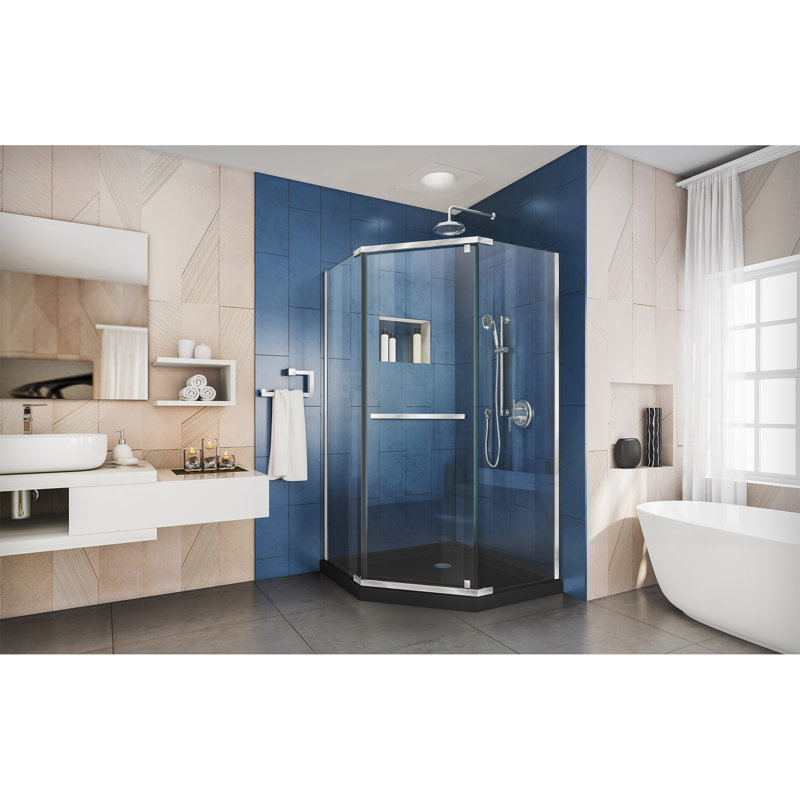 DreamLine Prism 38" W x 38" D x 74.75" H Frameless Neo-Angle Shower Enclosure with Base Included, Chrome, Black