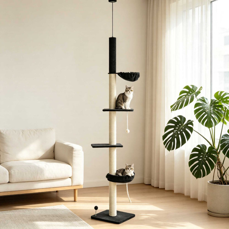 240‑270cm Adjustable Floor‑to‑Ceiling 5‑Tier Cat Climbing Tower with Bed, Hammock & Platforms, Dark Grey
