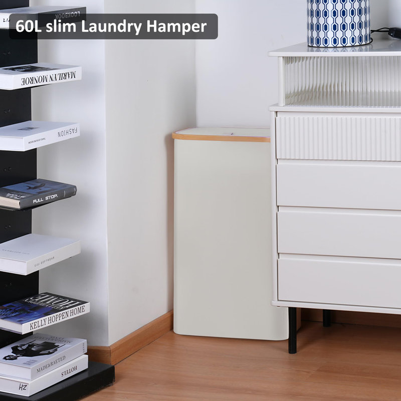 Panier à linge mince, panier à linge étroit avec couvercle, panier à linge 60 L, panier à linge sale avec poignée en bambou pour jouets, serviettes, rangement de vêtements, beige