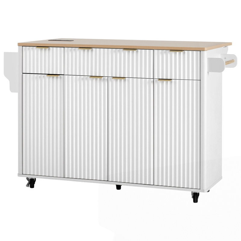 Îlot de cuisine cannelé 55,5 po avec rangement, Blanc
