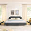 Très grand lit gris foncé avec tête de lit haute incurvée unique, conception simple et moderne et rangement de tiroir pour une chambre à coucher minimaliste, espace fonctionnel à 4 roues-130155693