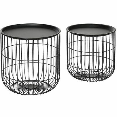 HOMCOM Nesting Coffee Tables, Round Coffee Table Set of 2 with Steel Wired Basket Body and Removable Top, Stacking End Tables Blanket Storage for Living Room, Black