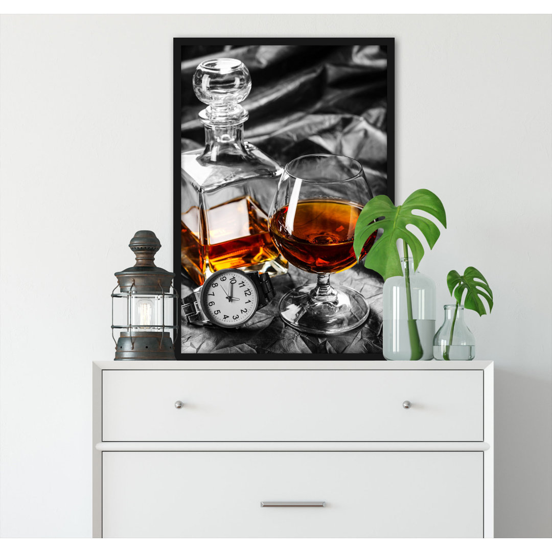 Gerahmtes Poster Whiskey und Uhr