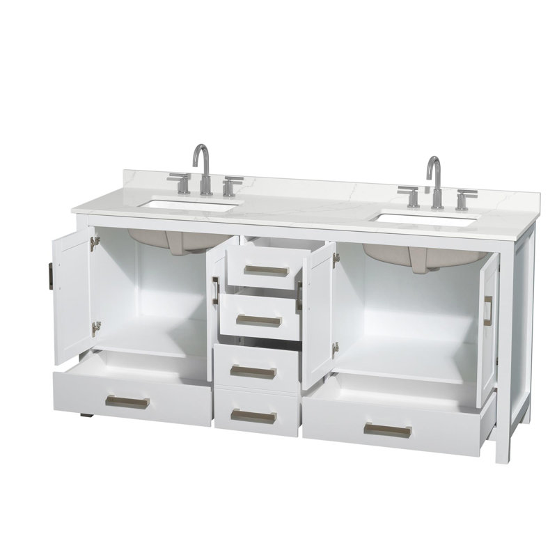 Meuble-lavabo double autoportant 72 po avec plateau en quartz Sheffield, Quartz Giotto, Blanc, Chrome