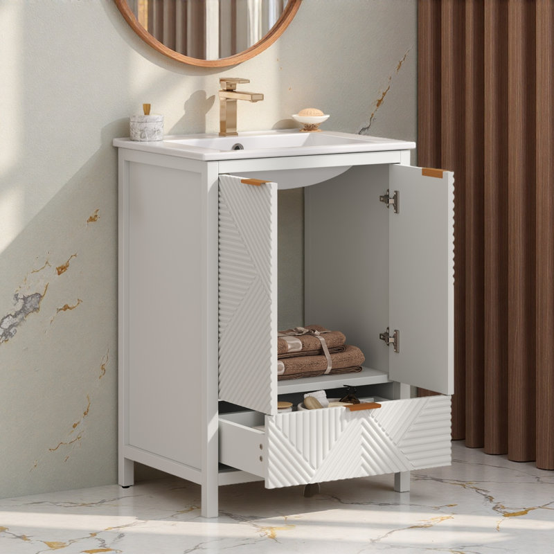 Ensemble de meuble-lavabo 24 po avec lavabo, meuble-lavabo moderne avec trou de robinet simple, panneaux de porte texturés et tiroir, pieds en pin, grand espace de rangement