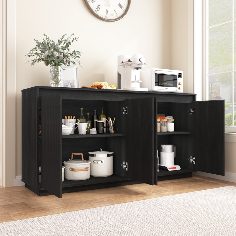 4 Door Black Wood Sideboard Buffet Cabinet with Power Outlet, Wavy Vertical Texture Accent Cabinet with No-Handle Design (Door Top Edge as Handle), Freestanding Kitchen Storage Cabinet for Dining Room
