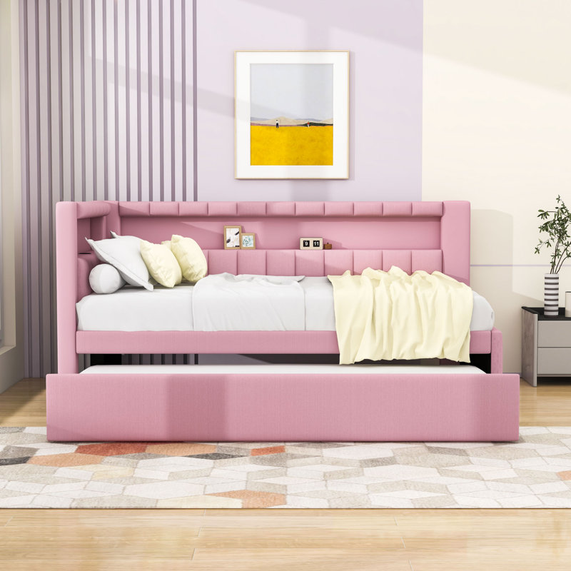 Suraiya Twin Size Upholstered Daybed with USB Ports and LED Belt With Twin Trundle, Pink