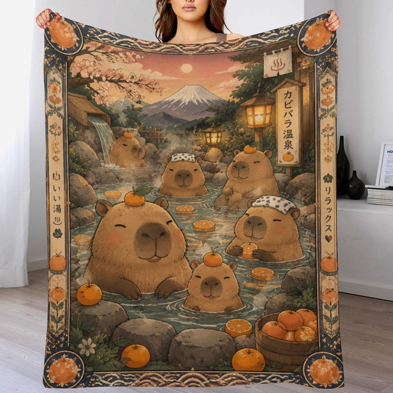 Jeté en flanelle Capybara Hot Spring Cherry Blossom Mount Fuji, 50x60in