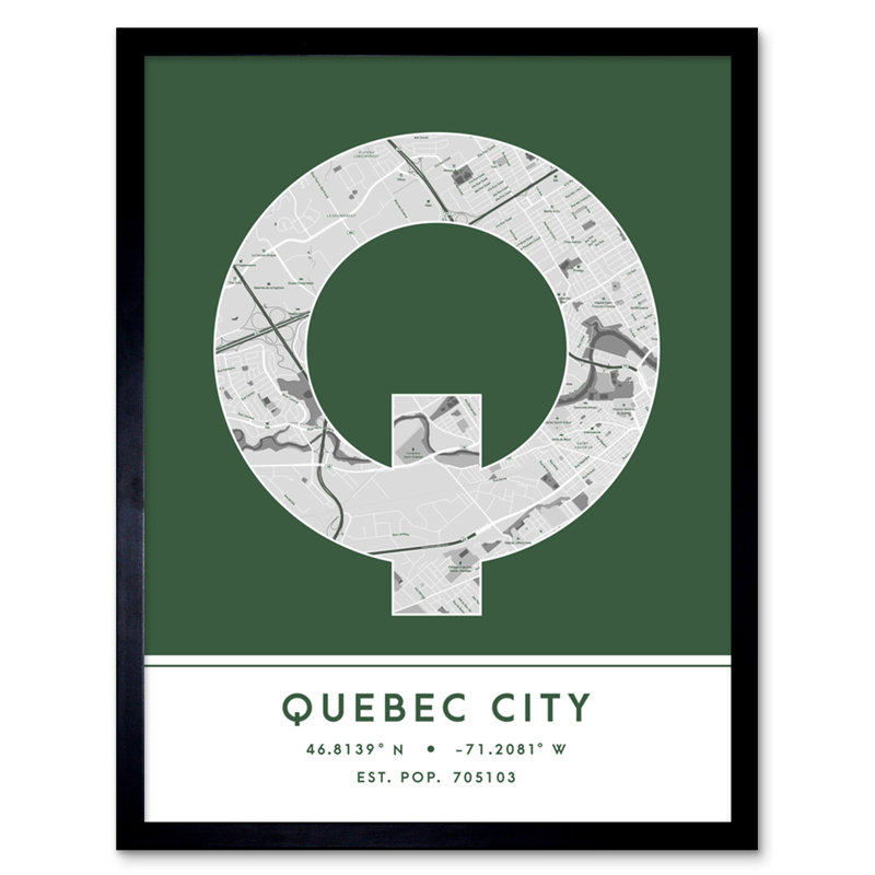 Quebec City City Map Quebec City Canada City Map Green by Wee Blue Coo - Single Picture Frame Typography