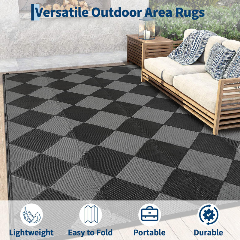 Outdoor Rug 9x18 Waterproof Patio Rug Reversible Plastic Straw Rugs Camping Mat Modern Geometric Portable Foldable Large Rugs for RV Porch Balcony Picnic Beach Backyard