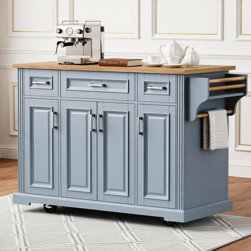 Grand îlot de cuisine de 54 po avec abattant en bois d'hévéa, chariot de cuisine à roulettes en relief sur 4 roues avec 4 portes et 3 tiroirs, îlot de cuisine avec rangement pour la cuisine, salle à manger, bleu gris