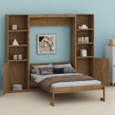 Lit escamotable en bois avec tablettes et armoires de rangement
