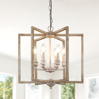 15.7" Rustic Wood Chandelier Caged 6-Light Pendant Light with Candle-Style Light Base and 70" Adjustable Chain for Dining Room Kitchen Island