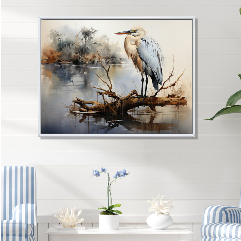 Héron au lac Horizon - héron, art mural, H 16 po x l 32 po x P 1 po, Cadre flottant blanc