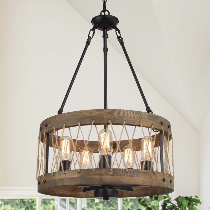 Gatlin 5 - Light 18'' W Statement Drum Dining Room Chandelier with Wood Accents