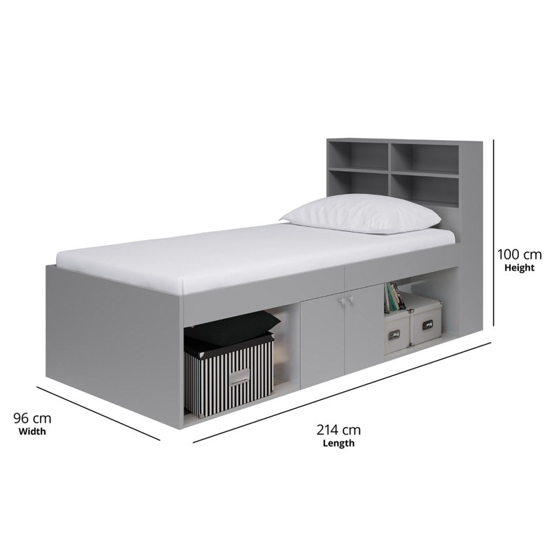 Low Single 3ft Cabin Bed with bookcase headboard, Grey