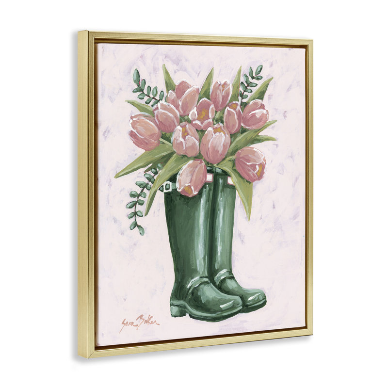 Cadre flottant rose avec tulipes roses, design par Sara Baker, H 31 po x l 25 po, Cadre flottant métallique doré