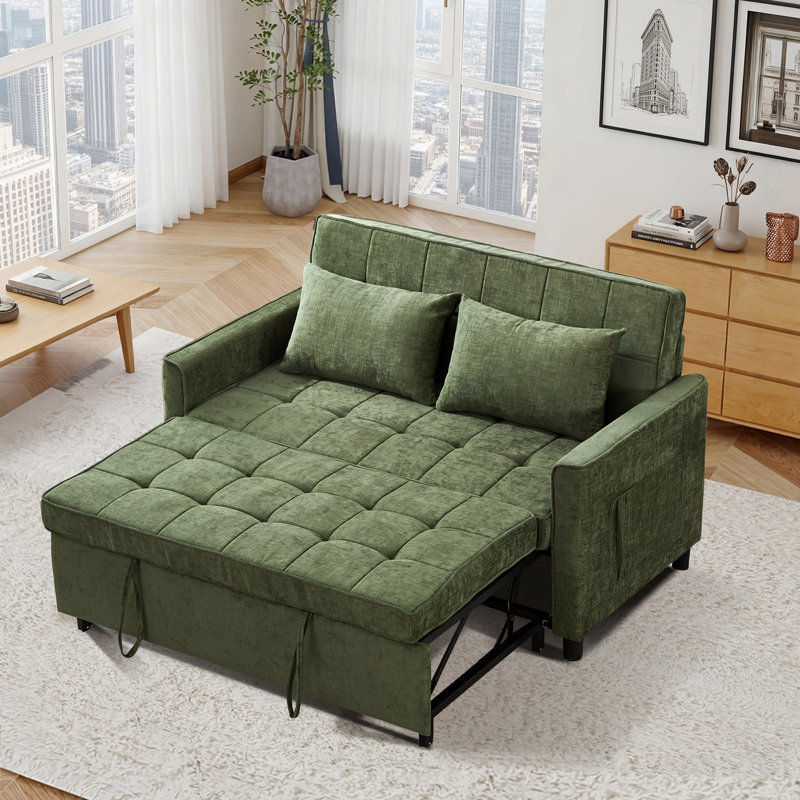 56.9'' Upholstered Convertible Sleeper Sofa with USB and Side Pocket, Green