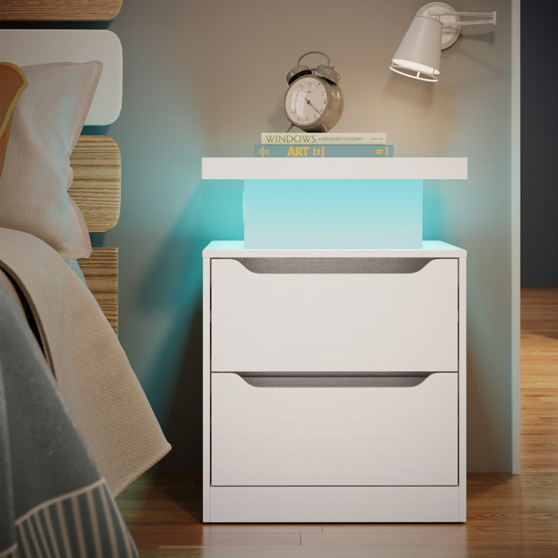 17.1''W 2-Drawer Nightstands with RGB LED Lights and Built-in Charging Station, White