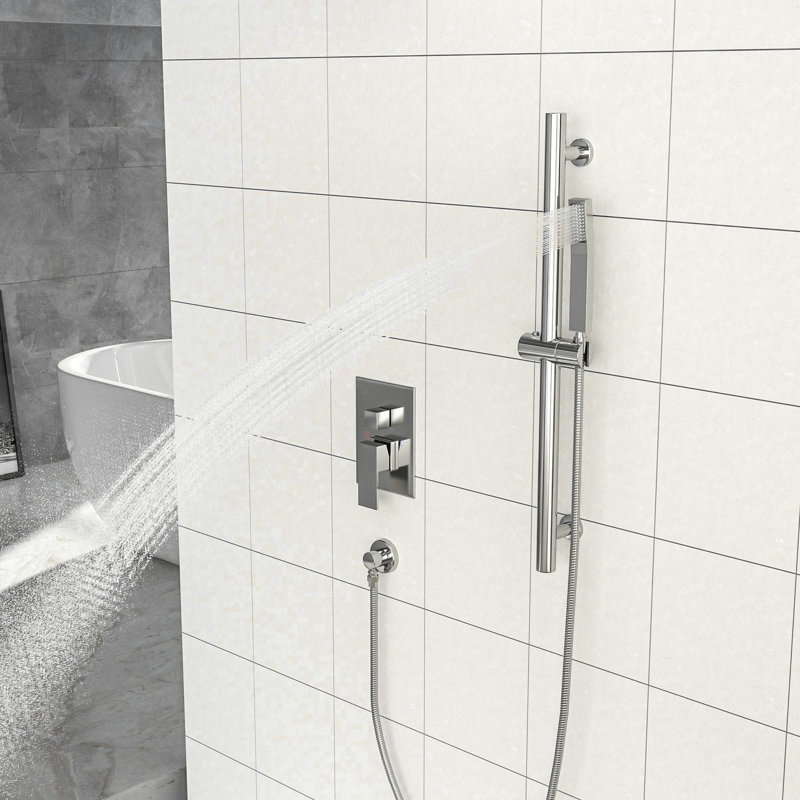 Wall Mounted Shower System, 10 Inch Square Rainfall Head, 26.18 Adjustable Slide Bar, Dual Function, Easy Installation, Brushed Nickel Finish Rain System With Rough - In Valve, Handheld Shower,