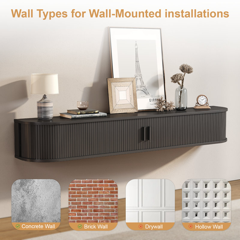 Floating TV Stand With RGB Lights, Wall Mounted TV Shelf, Black, 8.6" H x 70.8" L x 11.6" D