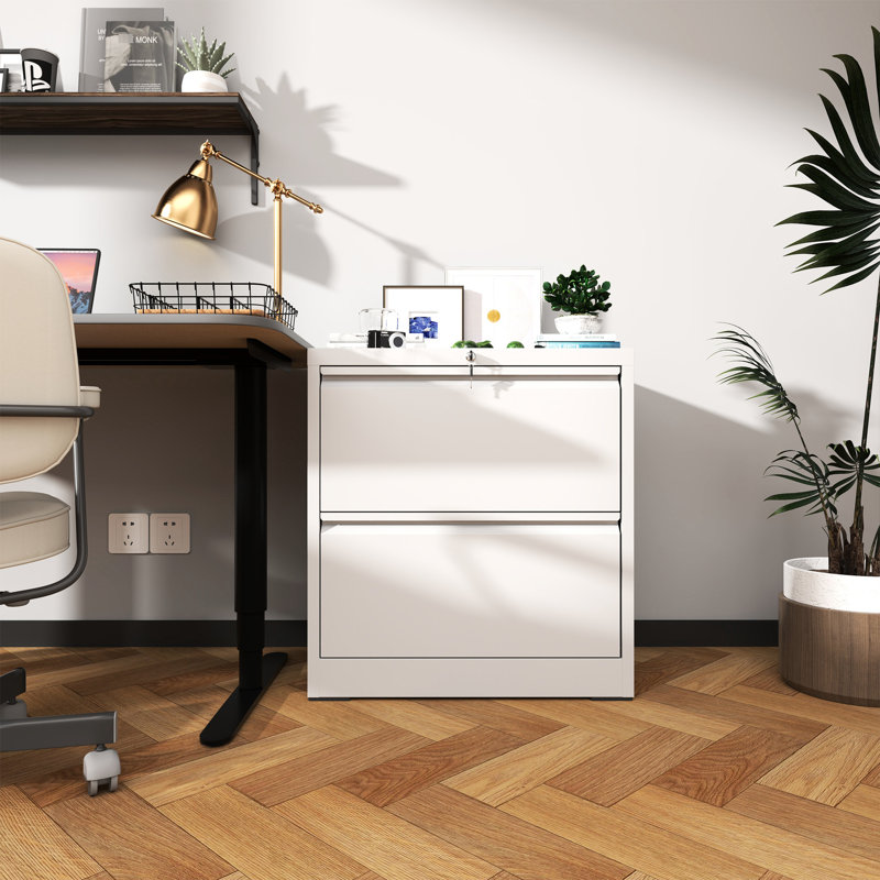 Classeur latéral blanc à 2 tiroirs avec serrure à clé, matériau laminé à froid, fonctionnement silencieux, classeur horizontal en acier Interlock, construction, dossiers réglables, glissières