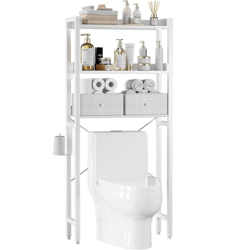 Rangement au-dessus de la toilette avec 2 tiroirs, organisateur de salle de bain sur 3 niveaux avec tablettes réglables en hauteur