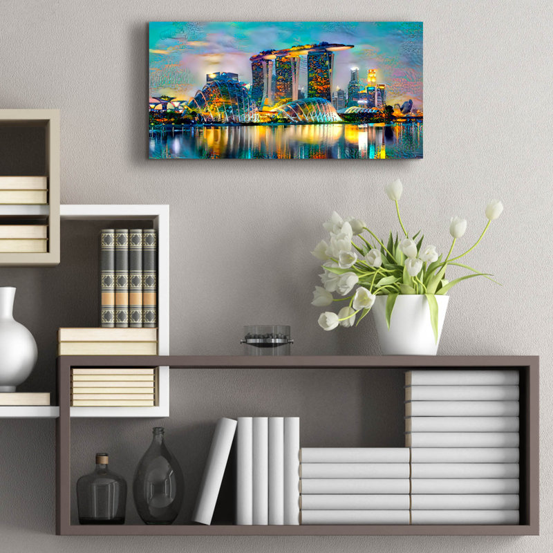 Art mural en verre 24 po x 12 po «singapour», par Marina Gavidia, H 12 po x l 24 po