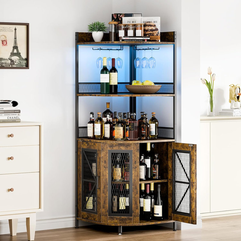 Corner Bar Cabinet With Power Outlet And LED Light