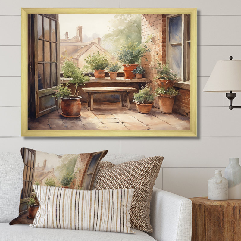 Runald Cottage balcon Garden III - paysage chalet, impression sur toile encadrée, H 12 po x l 20 po x P 1 po, Cadre doré
