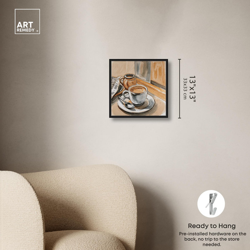 «Sunday Coffee» par Art Remedy, H 13 po x l 13 po, Noir, Cadre flottant