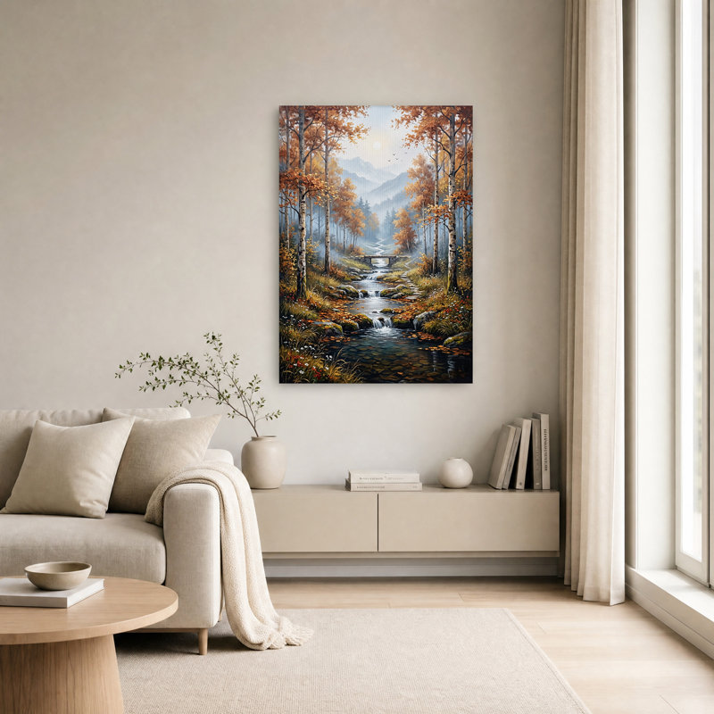 Tableau sur toile représentant un ruisseau dans une forêt de bouleaux en automne avec un pont de pierre, H 24 po x l 16 po