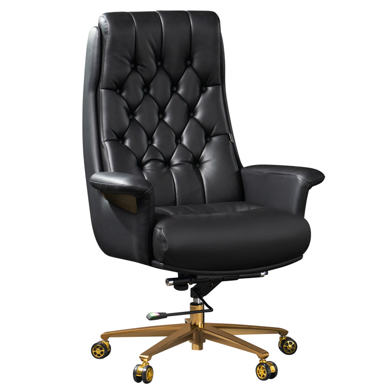 Kinnls Cellier Massage Office Chair, Modern Genuine Leather Executive Chairs for Office Desks, Ergonomic Office Recliner Chairs, Adjustable Height Tilt Lock, Black