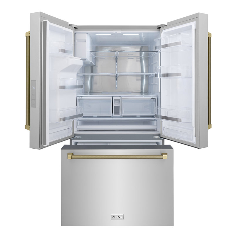 ZLINE Autograph 36 in. Stainless Standard-Depth Fridge w/ Dual Ice Maker & Nickel Helix Handles, Champagne Bronze