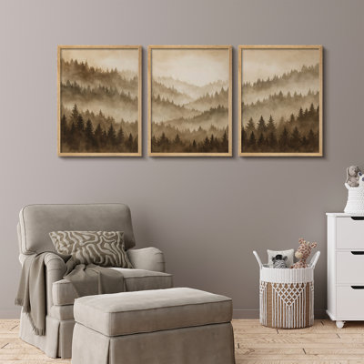 Ensemble de 3 impressions murales encadrées de forêt de pin sépia brumeux dans des tons de brun chaud pour le bureau de salon de chambre à coucher