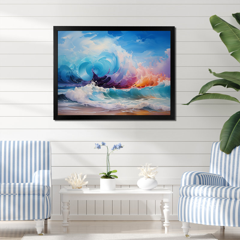«Vibrant Beach Waves 4» - art mural vagues côtières, Cadre d'angle fermé noir, H 12 po x l 20 po x P 1 po
