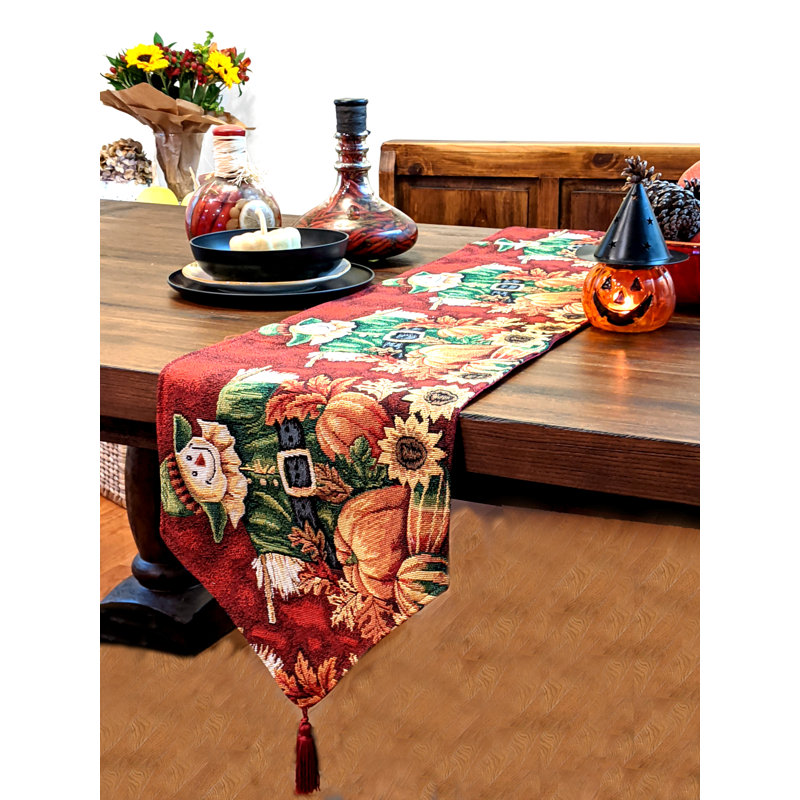 Ulises Pumpkin Patch Scarecrow Woven Tapestry Table Runner, 90" W x 13" L