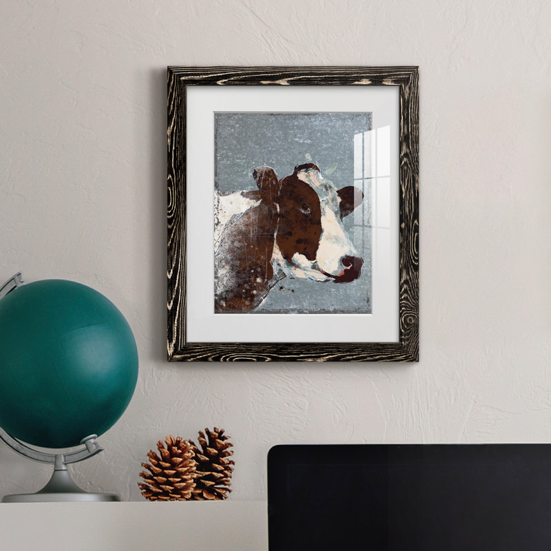 Vache sur métal galvanisé - peinture encadrée, H 20 po x l 17 po x P 1,5 po, Toile avec cadre noir