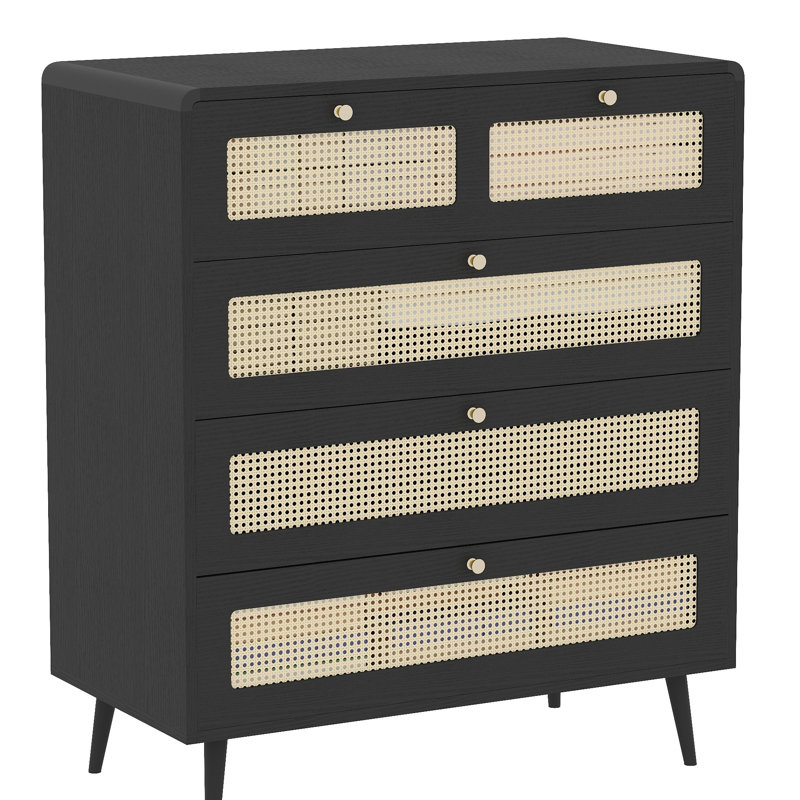 Commode 4 tiroirs, commode moderne en rotin avec tiroirs larges et poignées en métal, commode de rangement en bois de style campagnard pour chambre à coucher, salon, couloir, entrée