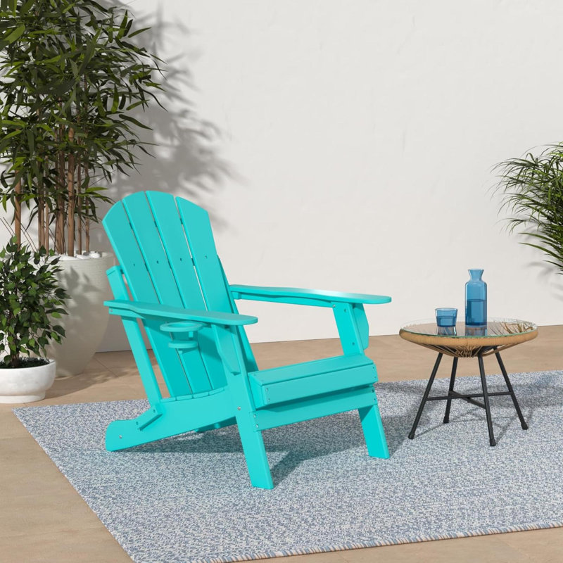 Folding Adirondack Chairs Set Of 4 All Weather Firepit Chair Cup Holder Aqua For Campfire Deck Backyard Patio Outdoor Poolside Lawn