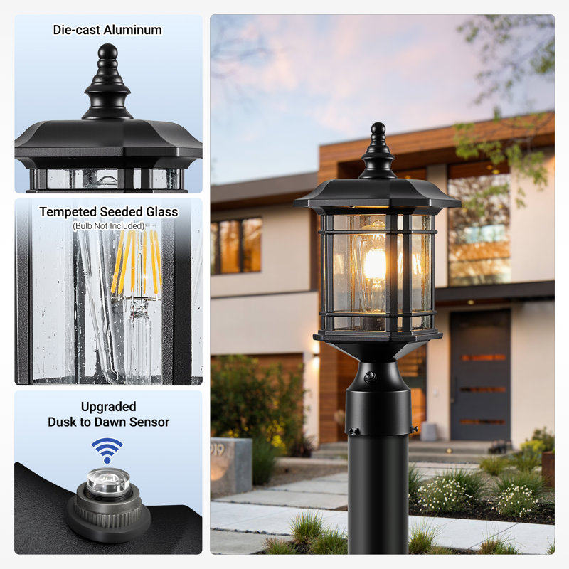 Dusk to Dawn Black (Hardwired 120V) Post Lantern with Pier Mount Base