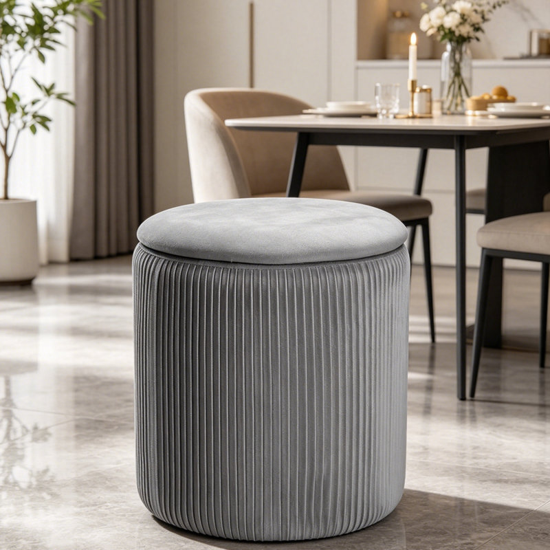 37.5cm Wide Velvet Round No Pattern Standard Ottoman, Grey
