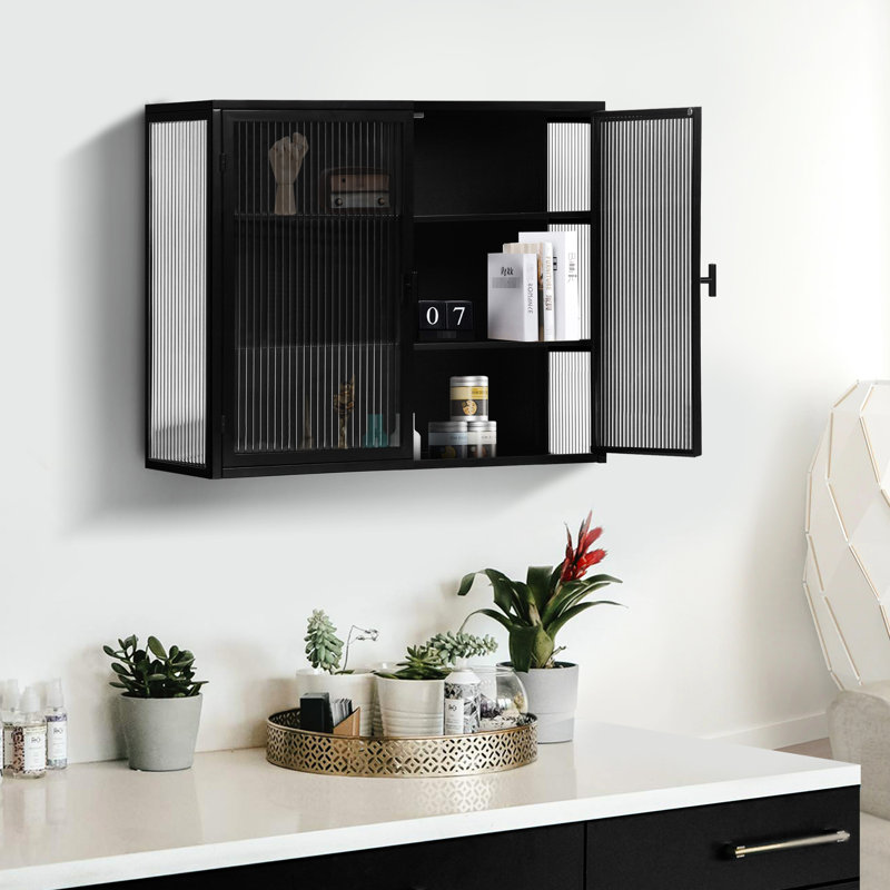 Contemporary Three Storage Cabinet With Black Doors And Iron Frame, For Home Modern Cabinet, Two Doors, Black, Suits Entryway, Living Room, Bathroom, Dining Room