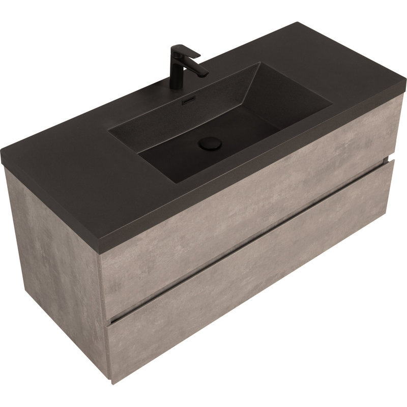 Meuble-lavabo mural 48 po avec lavabo, meuble-lavabo mural avec lavabo à quartz noir et tiroirs